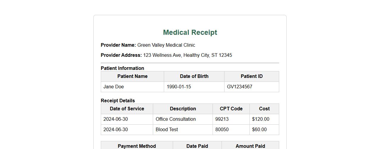 Medical receipt sample for insurance reimbursement image preview