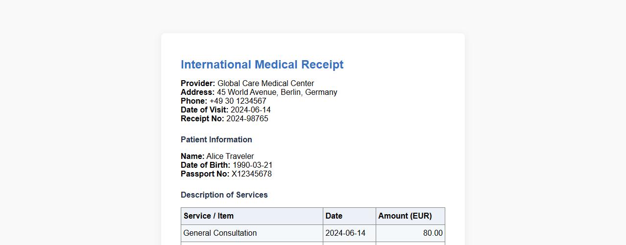 Medical receipt sample for international travel image preview