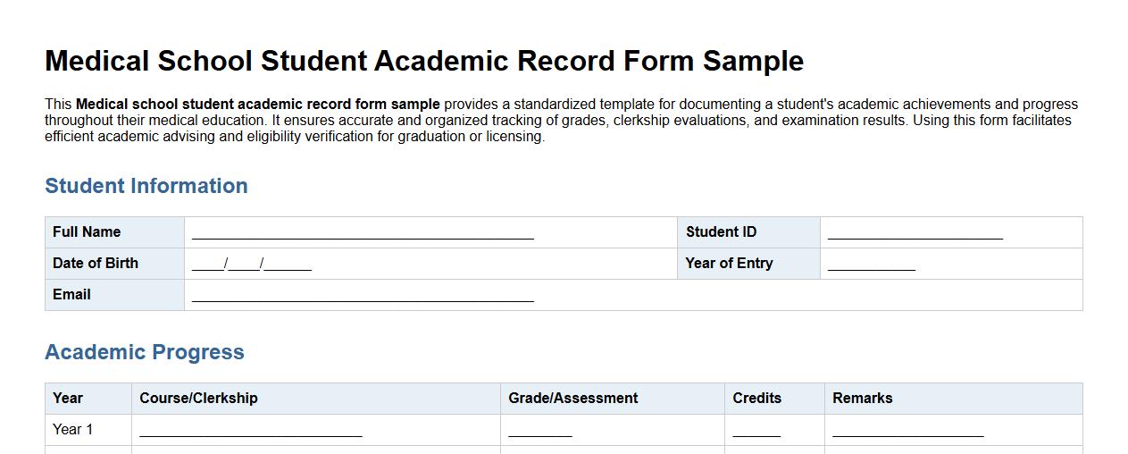 Medical school student academic record form sample image preview
