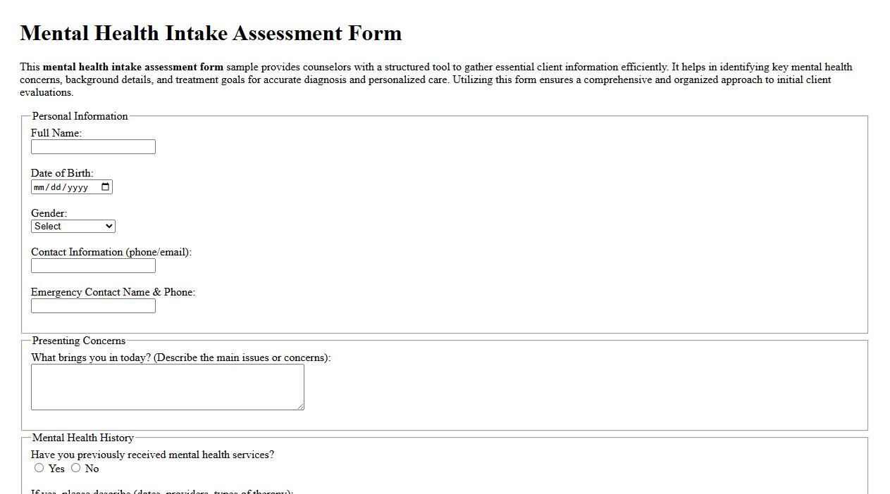 Mental health intake assessment form sample for counselors image preview