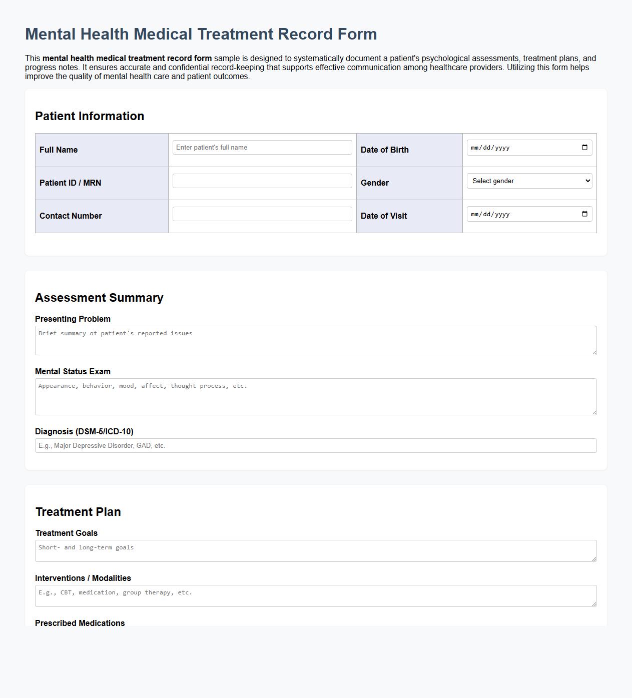 Mental health medical treatment record form sample image preview