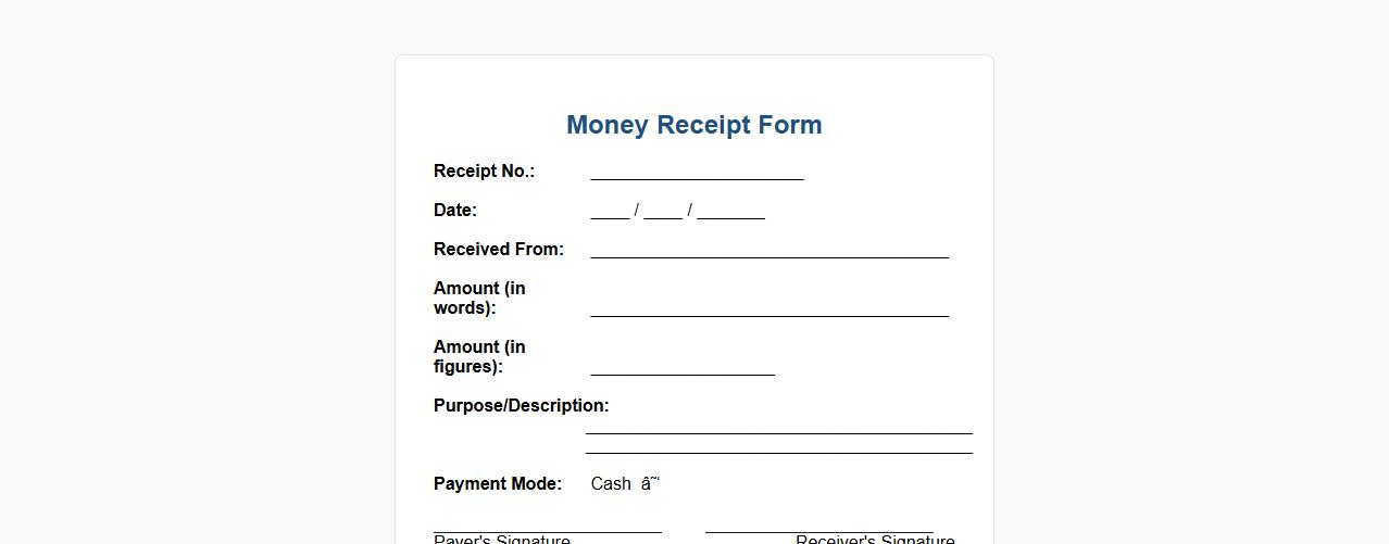 Money receipt form sample for cash payment image preview