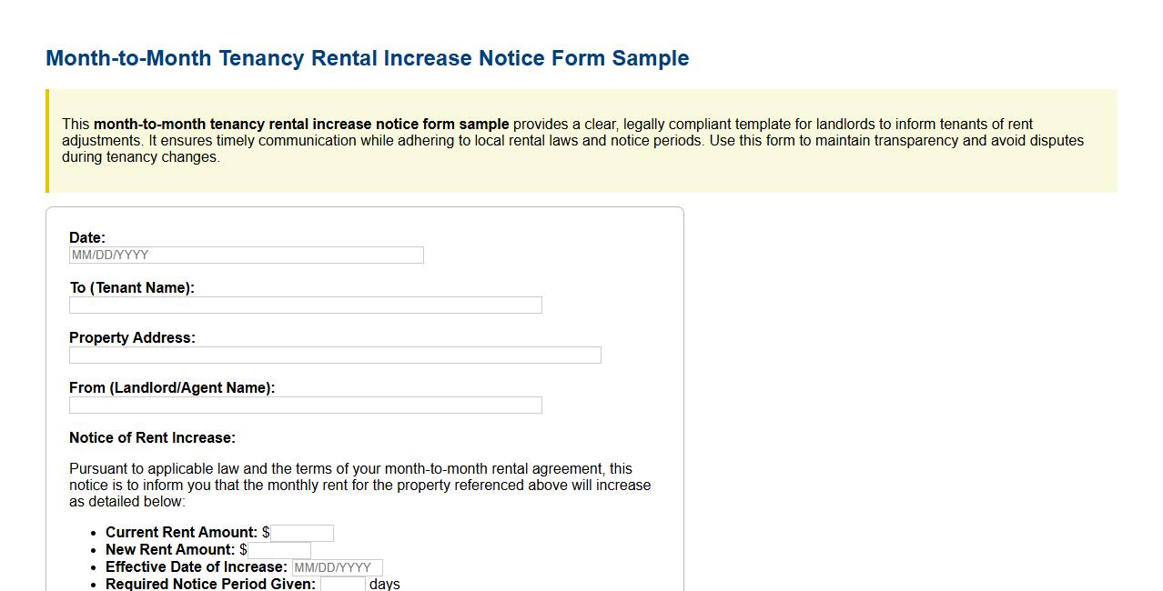 Month-to-month tenancy rental increase notice form sample image preview