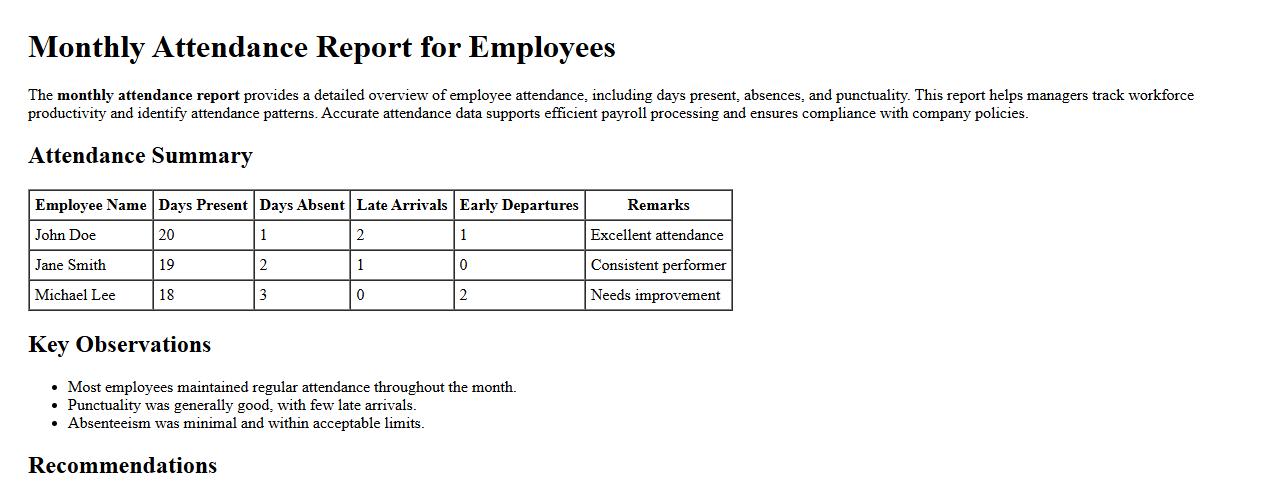 Monthly attendance report for employees image preview