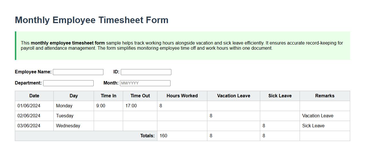 Monthly employee timesheet form sample including vacation and sick leave image preview
