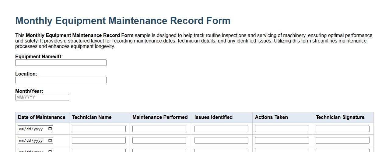 Monthly equipment maintenance record form sample image preview