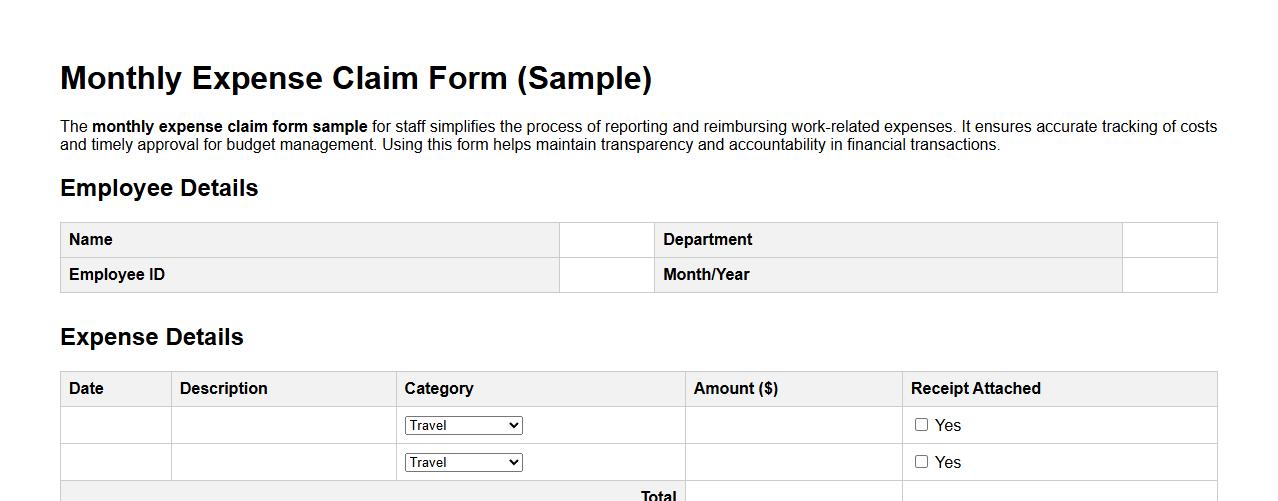 monthly expense claim form sample for staff image preview