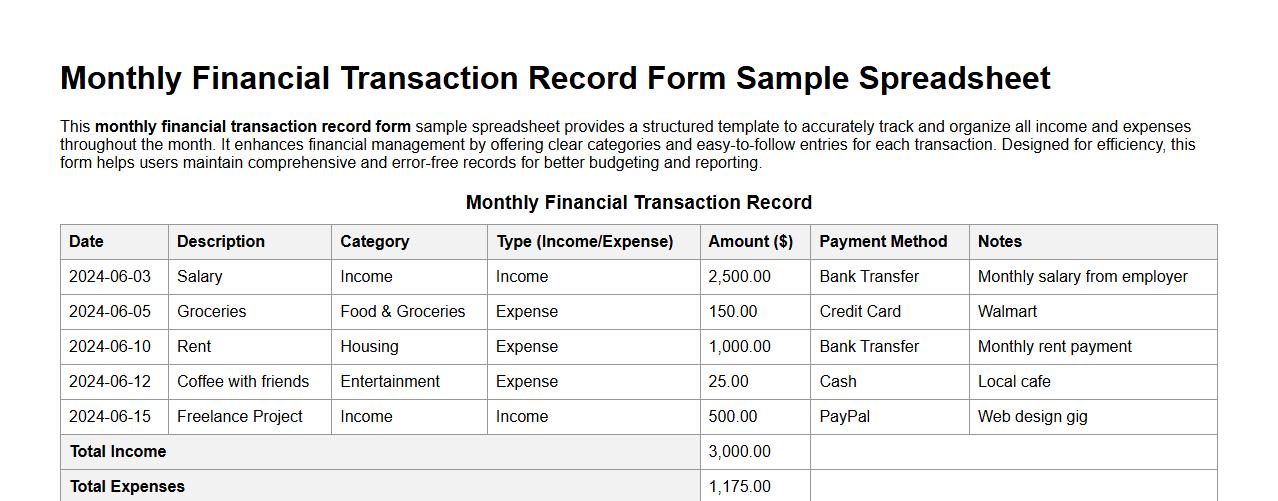 Monthly financial transaction record form sample spreadsheet image preview