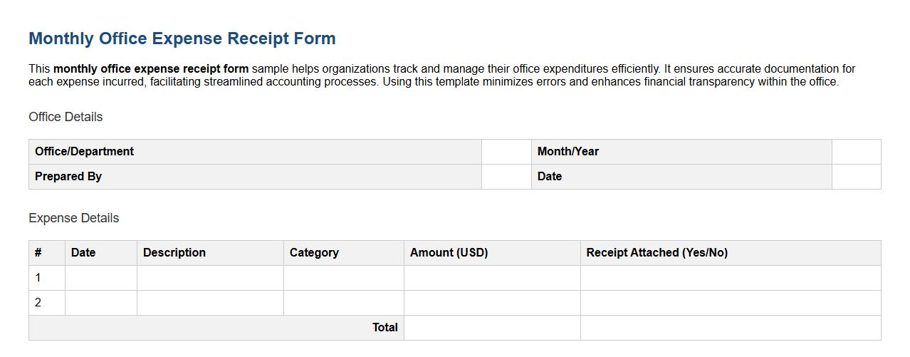 Monthly office expense receipt form sample image preview