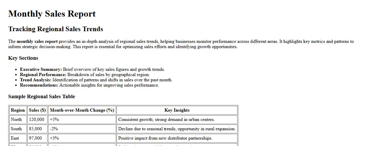Monthly sales report tracking regional sales trends image preview