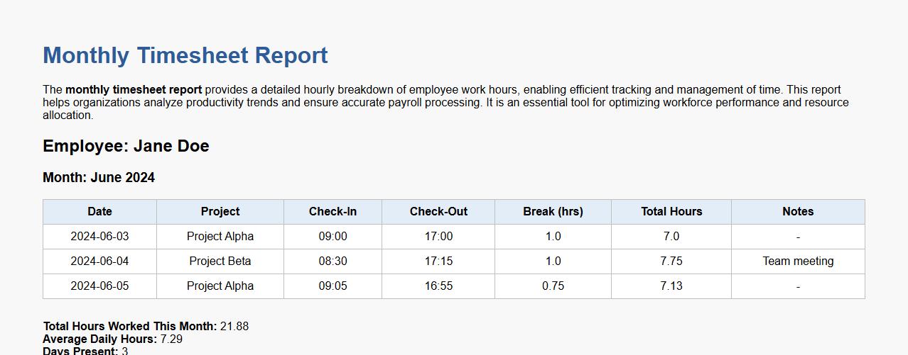 Monthly timesheet report with hourly breakdown image preview