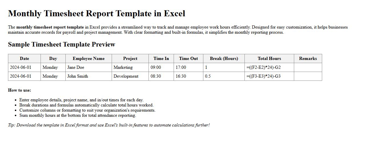 Monthly timesheet report template in Excel image preview