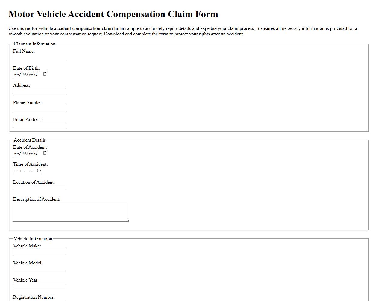 Motor vehicle accident compensation claim form sample image preview