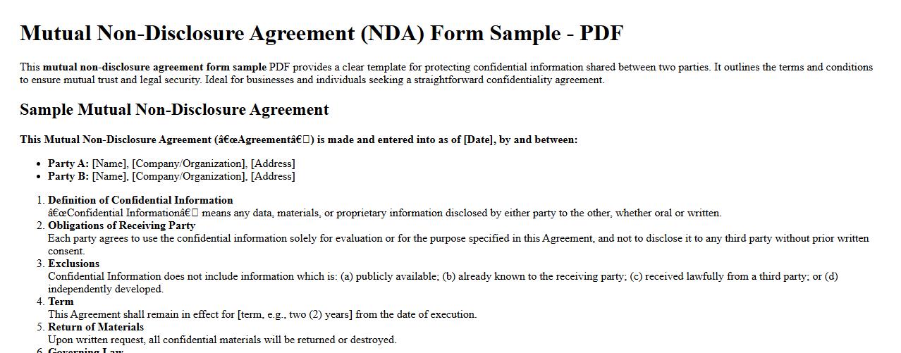 mutual non-disclosure agreement form sample pdf image preview