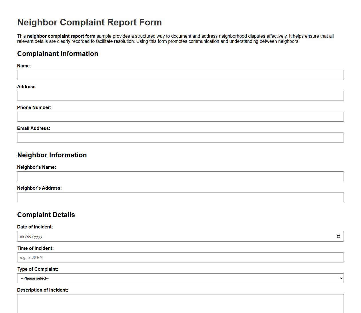 neighbor complaint report form sample image preview
