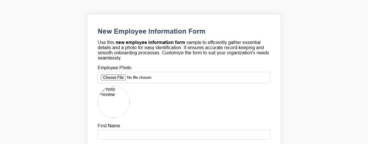 New employee information form sample with photo section image preview