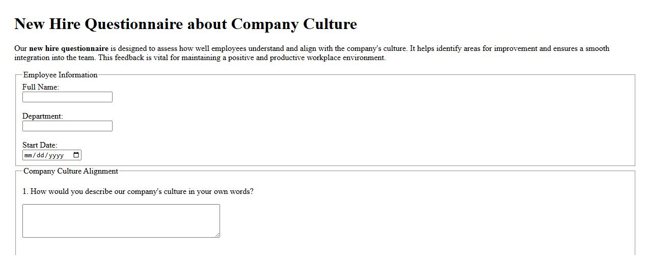New hire questionnaire about company culture image preview