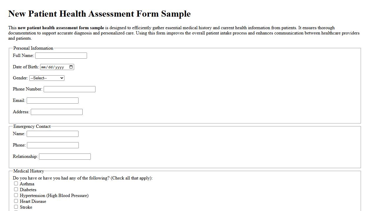 New patient health assessment form sample image preview