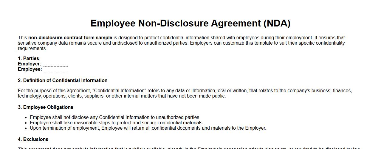 Non-disclosure contract form sample for employees image preview