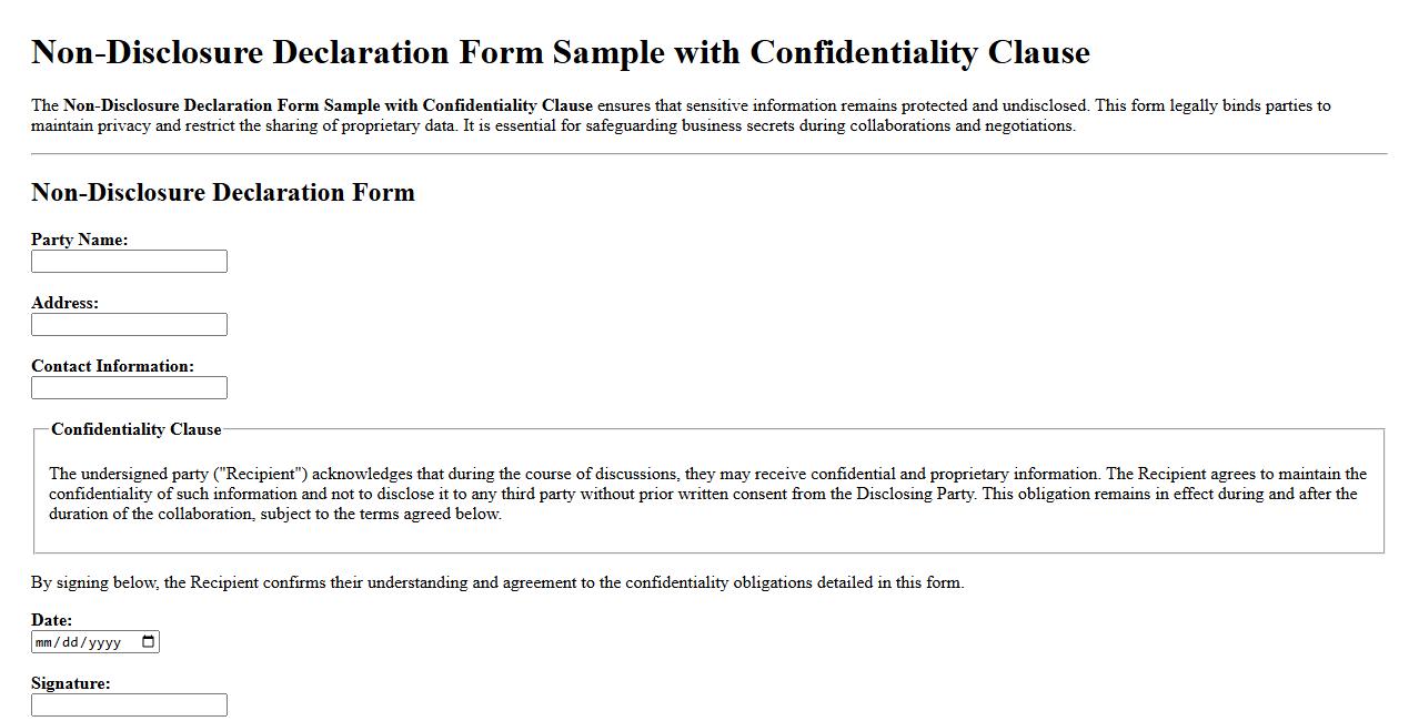 Non-Disclosure Declaration Form Sample with Confidentiality Clause image preview