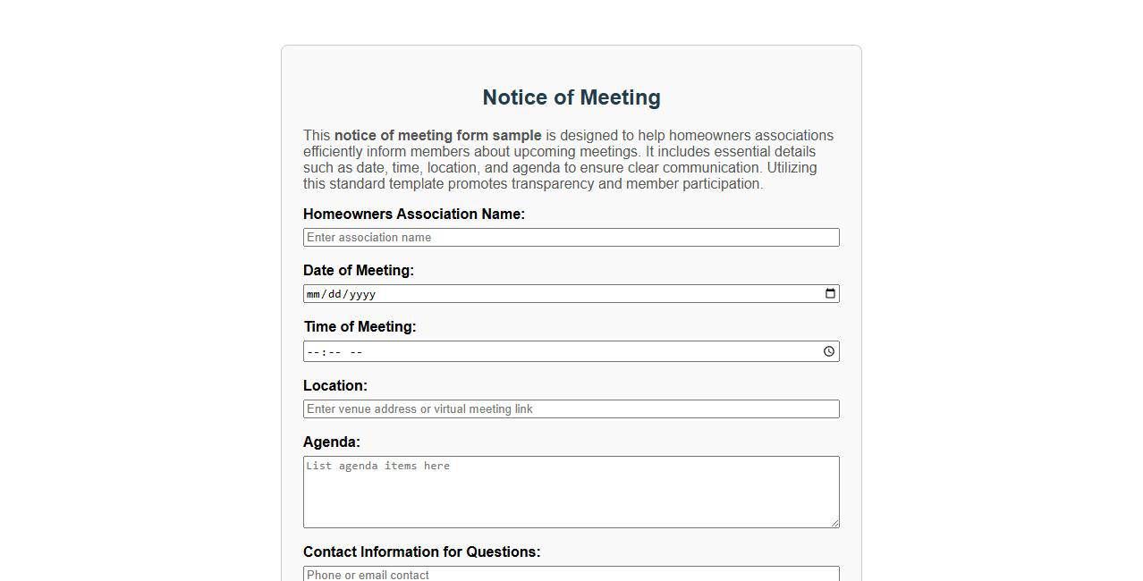 notice of meeting form sample for homeowners association image preview
