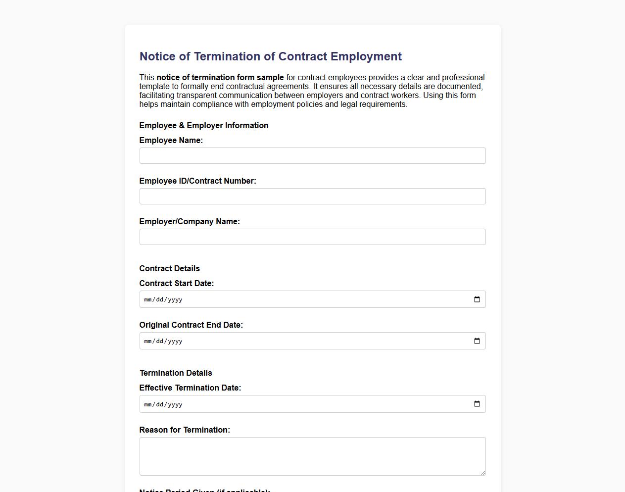 notice of termination form sample for contract employees image preview