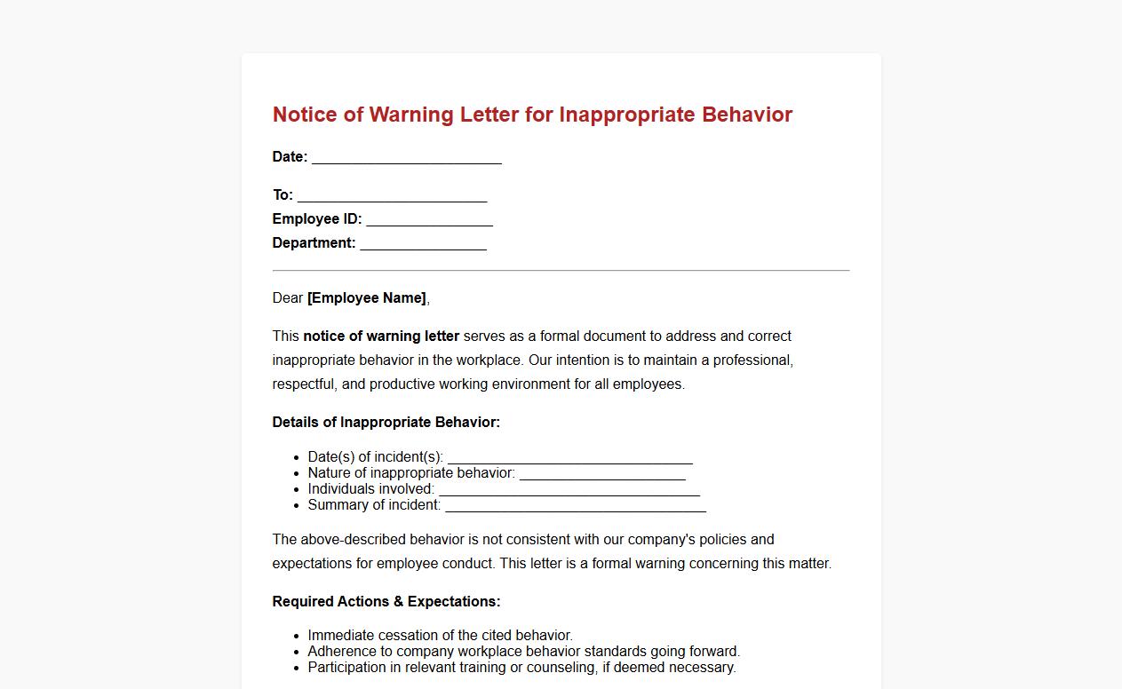 notice of warning letter form for inappropriate behavior sample image preview