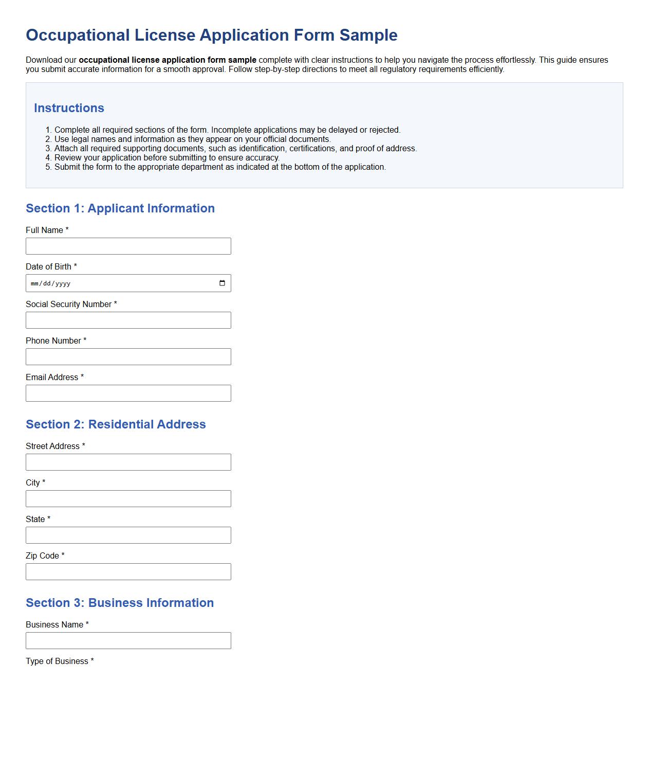 occupational license application form sample with instructions image preview