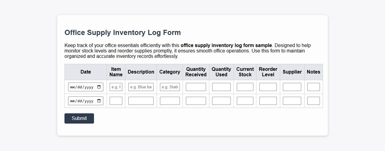 office supply inventory log form sample image preview