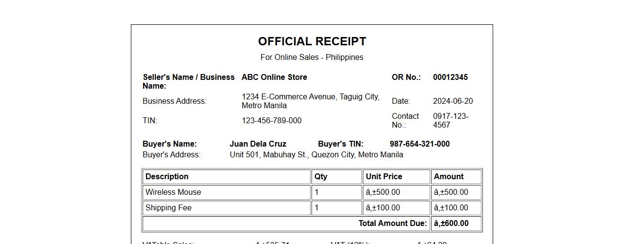 Official receipt sample for online sales Philippines image preview