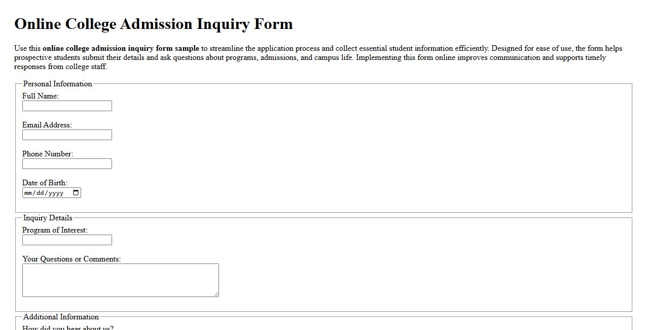 online college admission inquiry form sample image preview