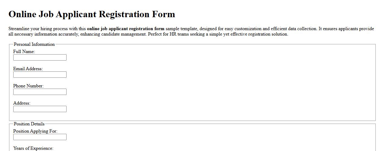 Online job applicant registration form sample template image preview