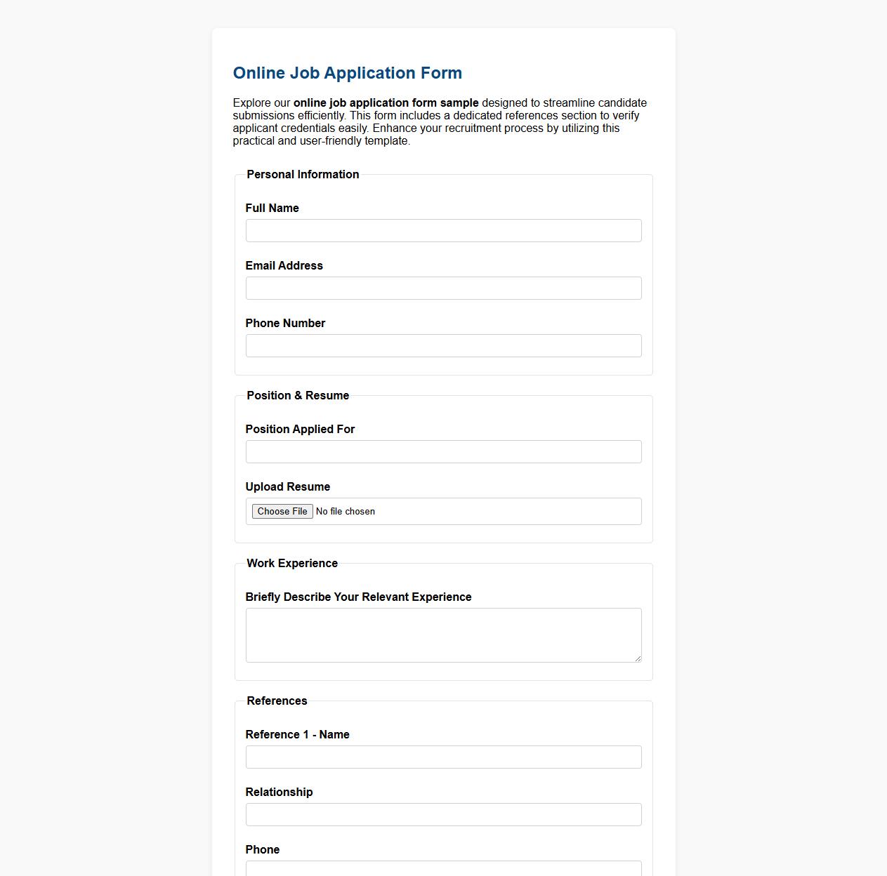 Online job application form sample with references section image preview