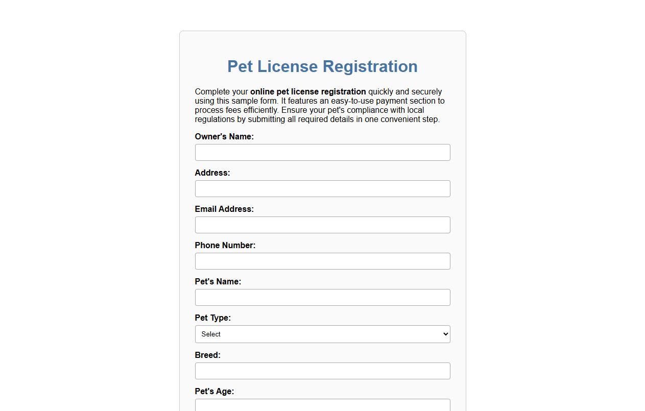 online pet license registration form sample with payment section image preview