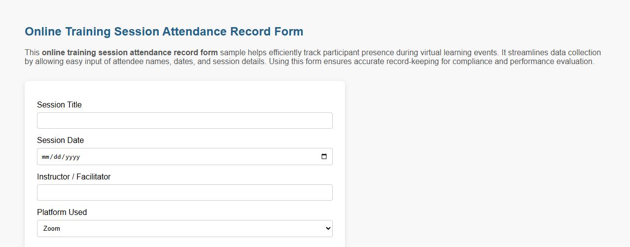 Online training session attendance record form sample image preview