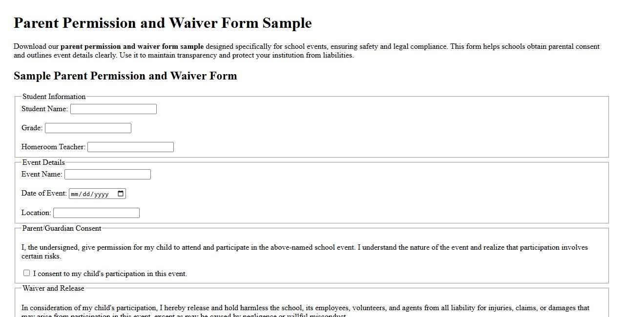 parent permission and waiver form sample for school events image preview