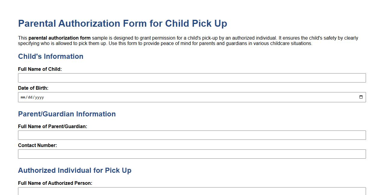 Parental authorization form sample for child pick up image preview