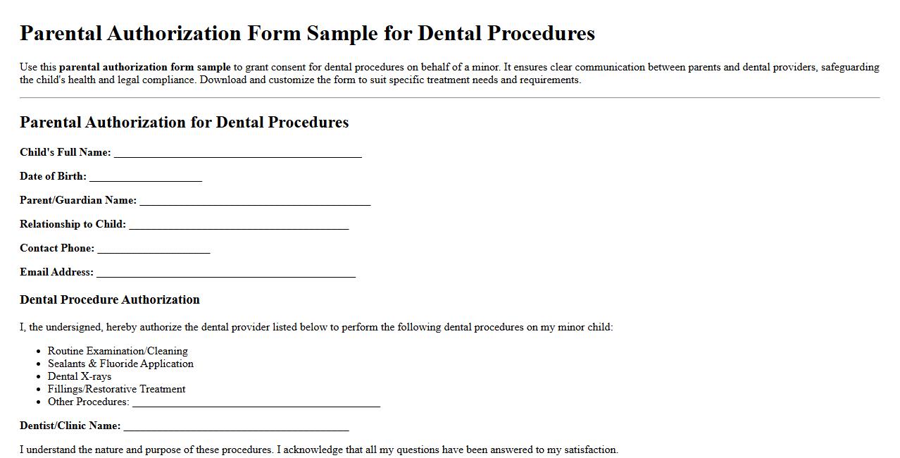 Parental authorization form sample for dental procedures image preview