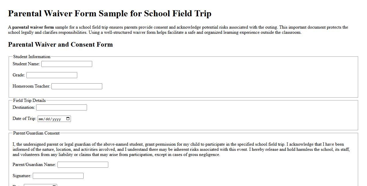 Parental waiver form sample for school field trip image preview