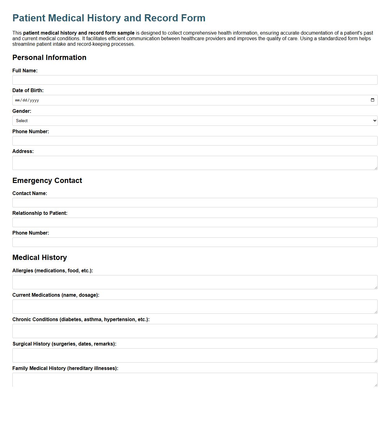 patient medical history and record form sample image preview