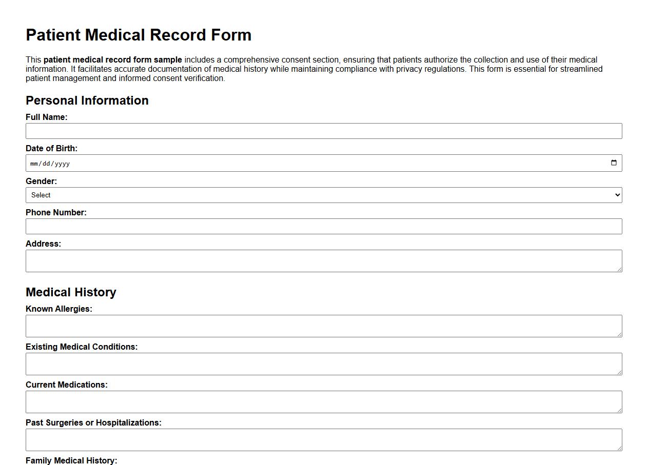 patient medical record form sample with consent section image preview