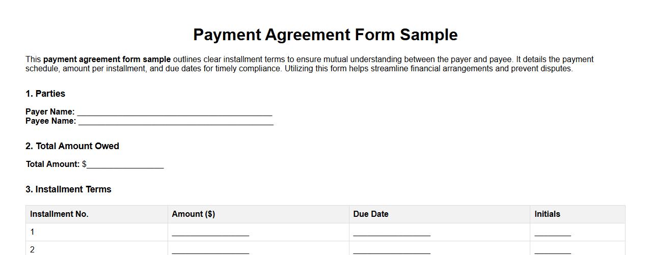 Payment agreement form sample with installment terms image preview