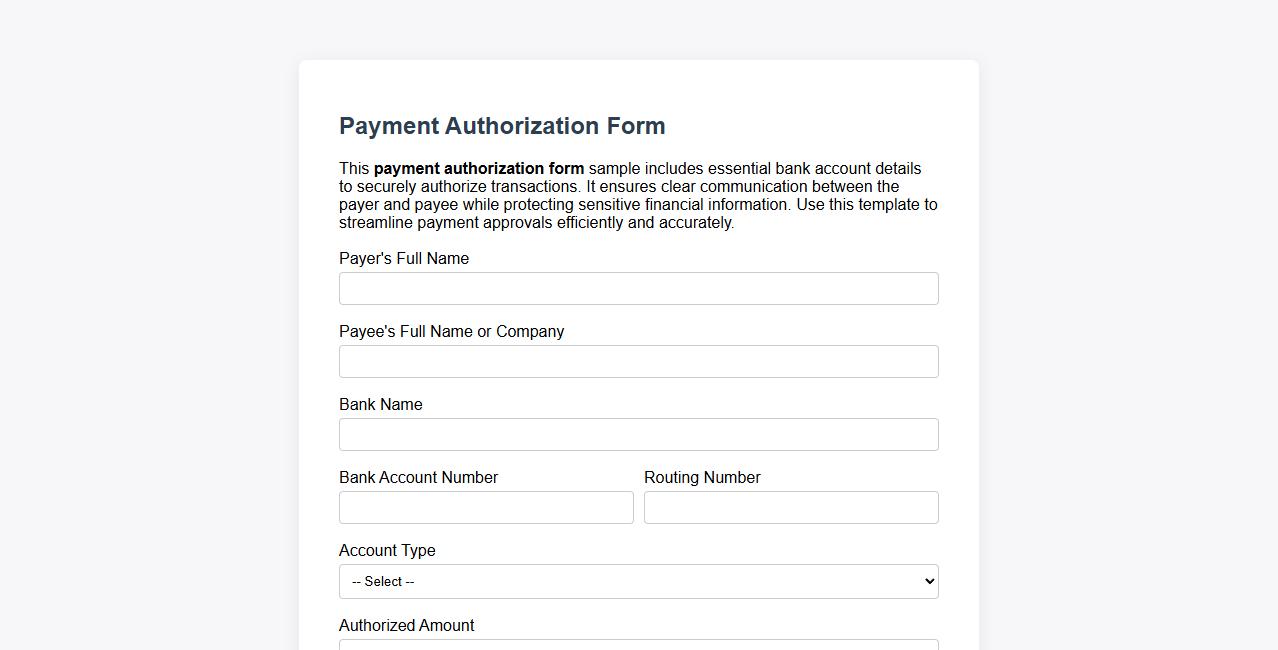 Payment authorization form sample with bank account details image preview
