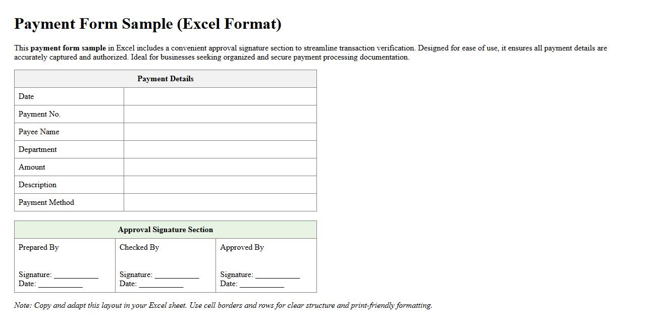 Payment form sample excel with approval signature section image preview