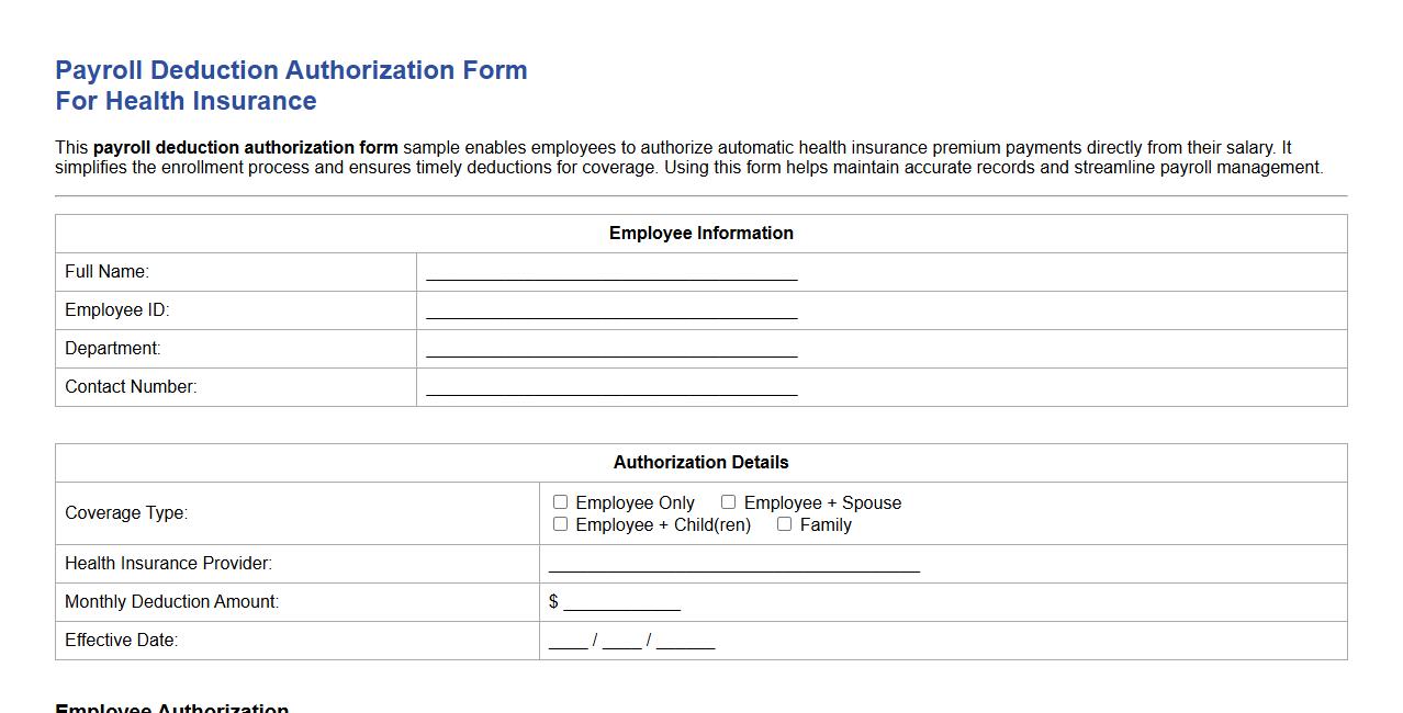 Payroll deduction authorization form sample for health insurance image preview