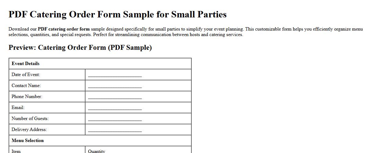 PDF catering order form sample for small parties image preview