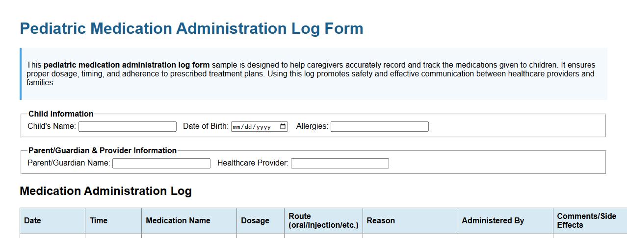 pediatric medication administration log form sample image preview