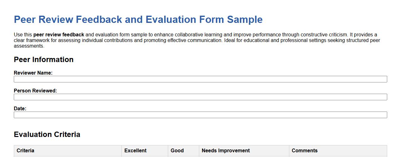 Peer review feedback and evaluation form sample image preview