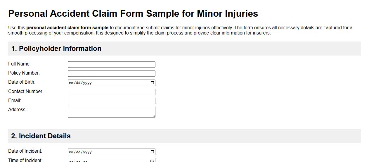 Personal accident claim form sample for minor injuries image preview