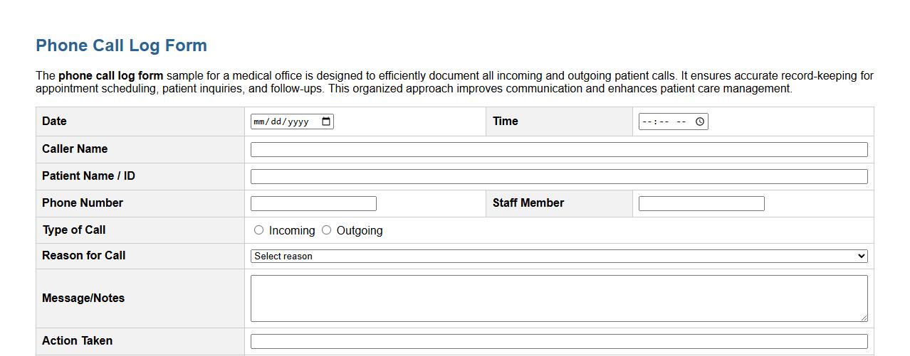 phone call log form sample for medical office image preview